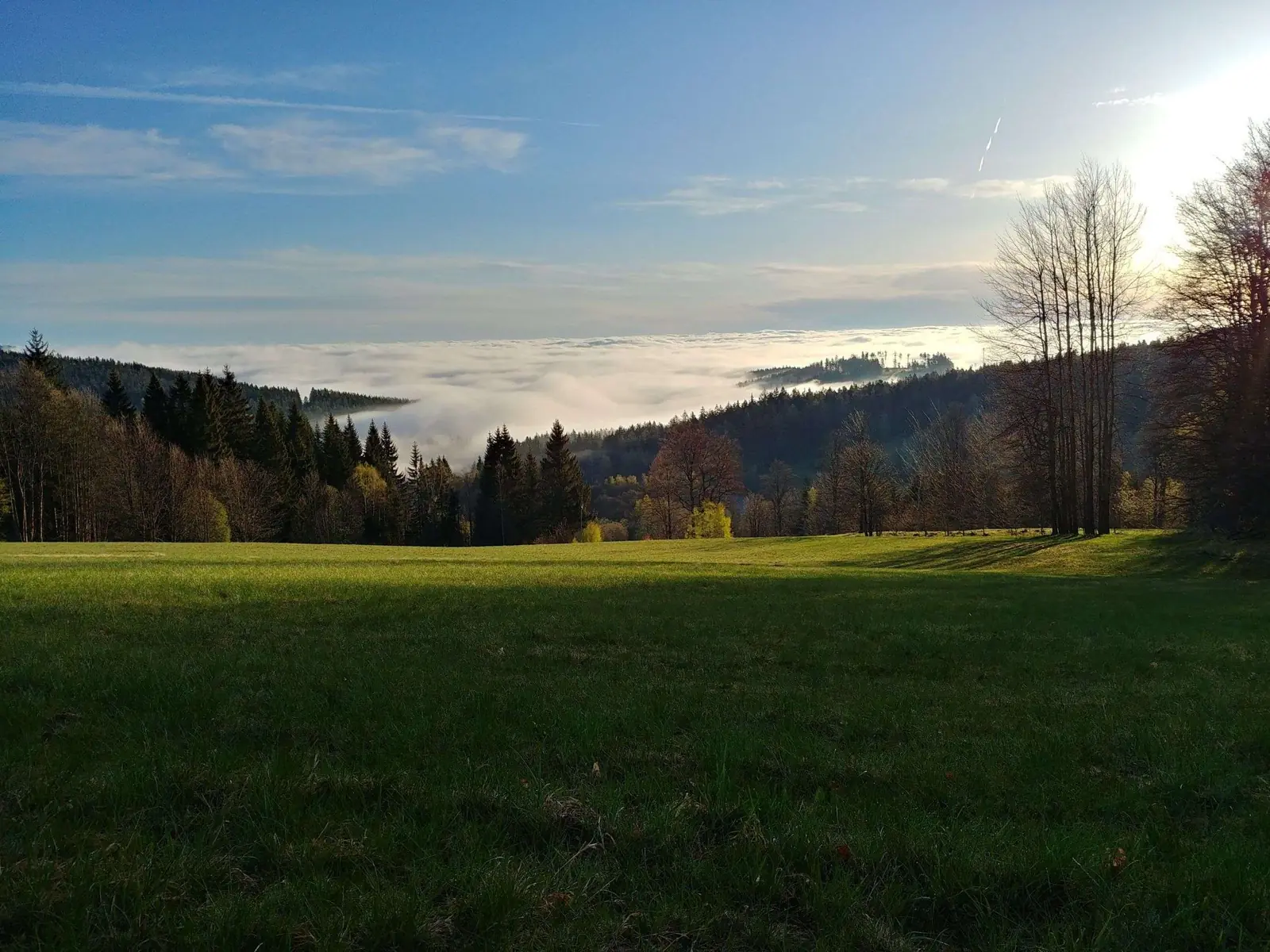 Inverzní mlha ležící v šumavském údolí pod horskou loukou